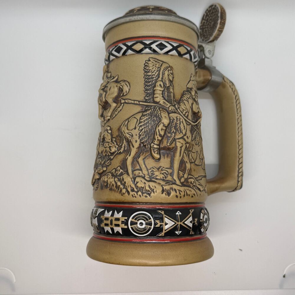 Avon 1988 Indians of the American Frontier Ceramarte Lidded Stein With Leaflet